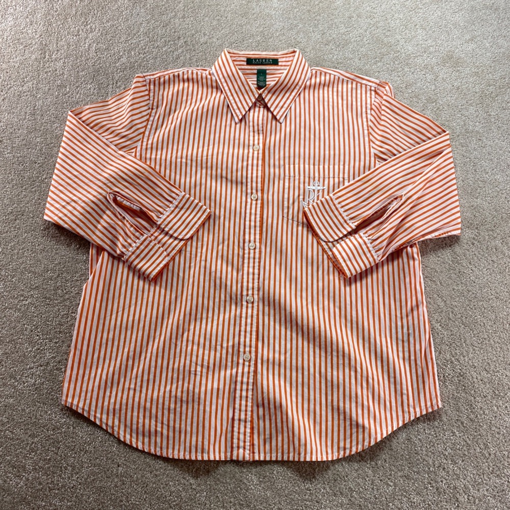 Lauren Ralph Lauren Shirt Womens Large Orange Striped Anchor Logo Button Down